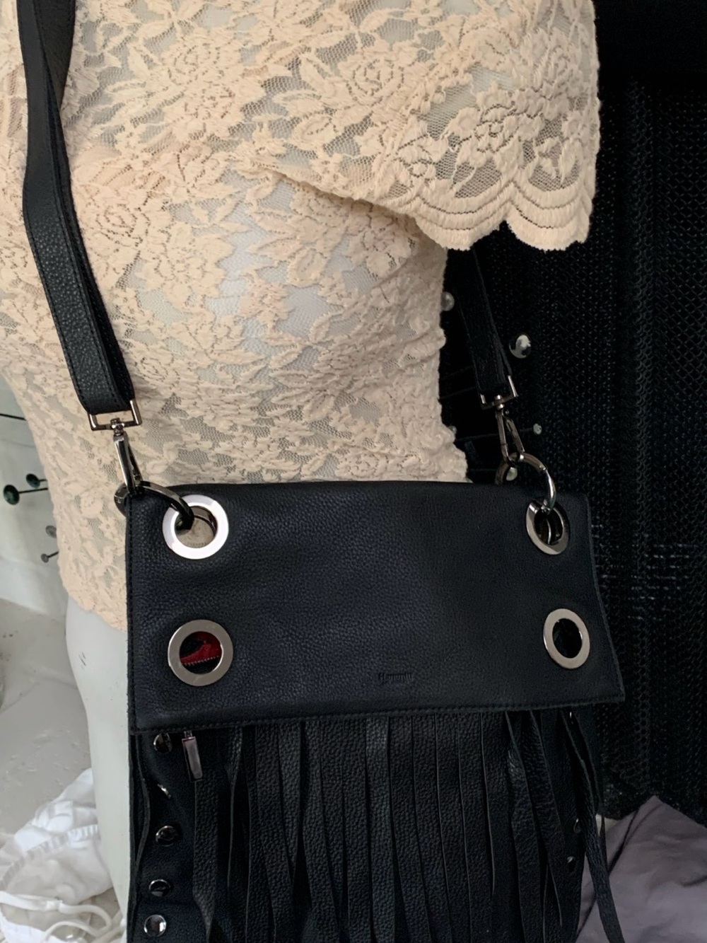Hammitt Black Leather Fringe Crossbody with Silver grommets 
One of few made